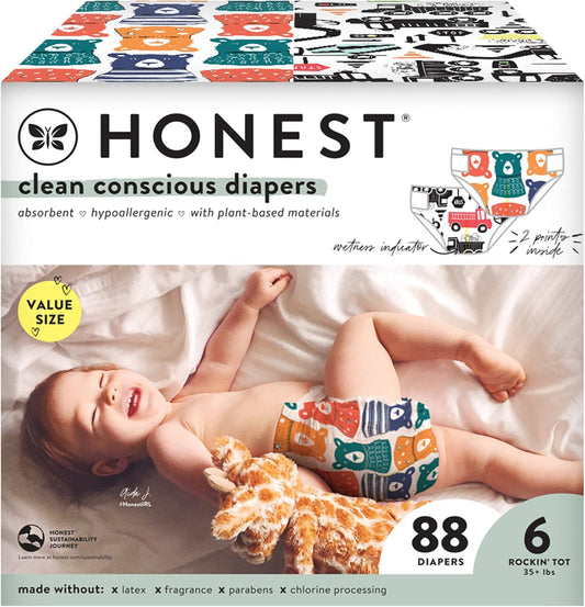 Clean Conscious Diapers | Plant-Based, Sustainable | Beary Cool + Big Trucks | Super Club Box, Size 6 (35+ Lbs), 88 Count