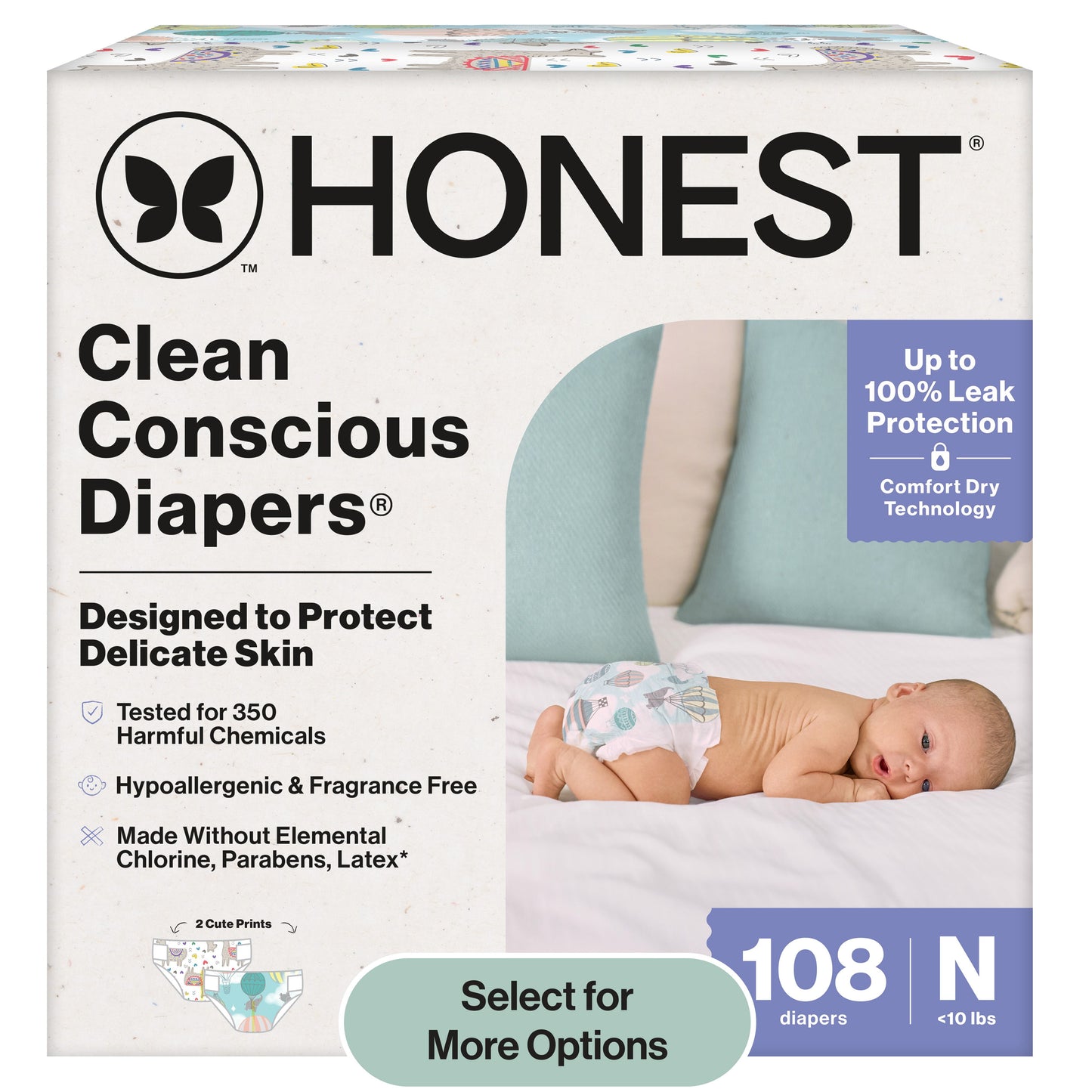 Clean Conscious® Baby Diapers – Newborn Size (<10 lbs, 108 Count) – Hypoallergenic & Plant-Based