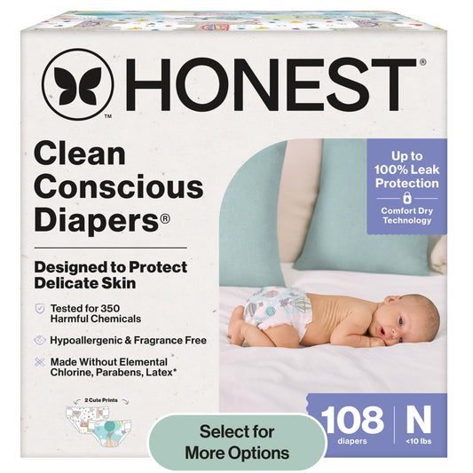 Clean Conscious® Baby Diapers – Newborn Size (<10 lbs, 108 Count) – Hypoallergenic & Plant-Based
