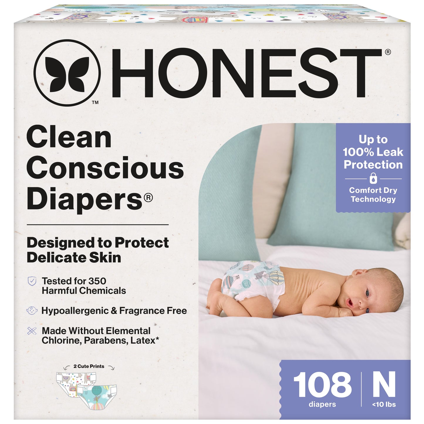 Clean Conscious® Baby Diapers – Newborn Size (<10 lbs, 108 Count) – Hypoallergenic & Plant-Based