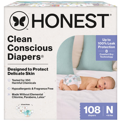 Clean Conscious® Baby Diapers – Newborn Size (<10 lbs, 108 Count) – Hypoallergenic & Plant-Based
